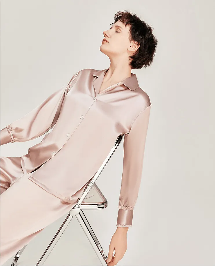 100% Pure Mulberry Silk Long Sleeve Pajamas for Spring 2-piece, Preppy Pajamas, Best Gift