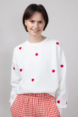 1897 Active Embroidered Hearts Fleece Sweatshirt for Women in Ivory/Red | T979-IVORYRED