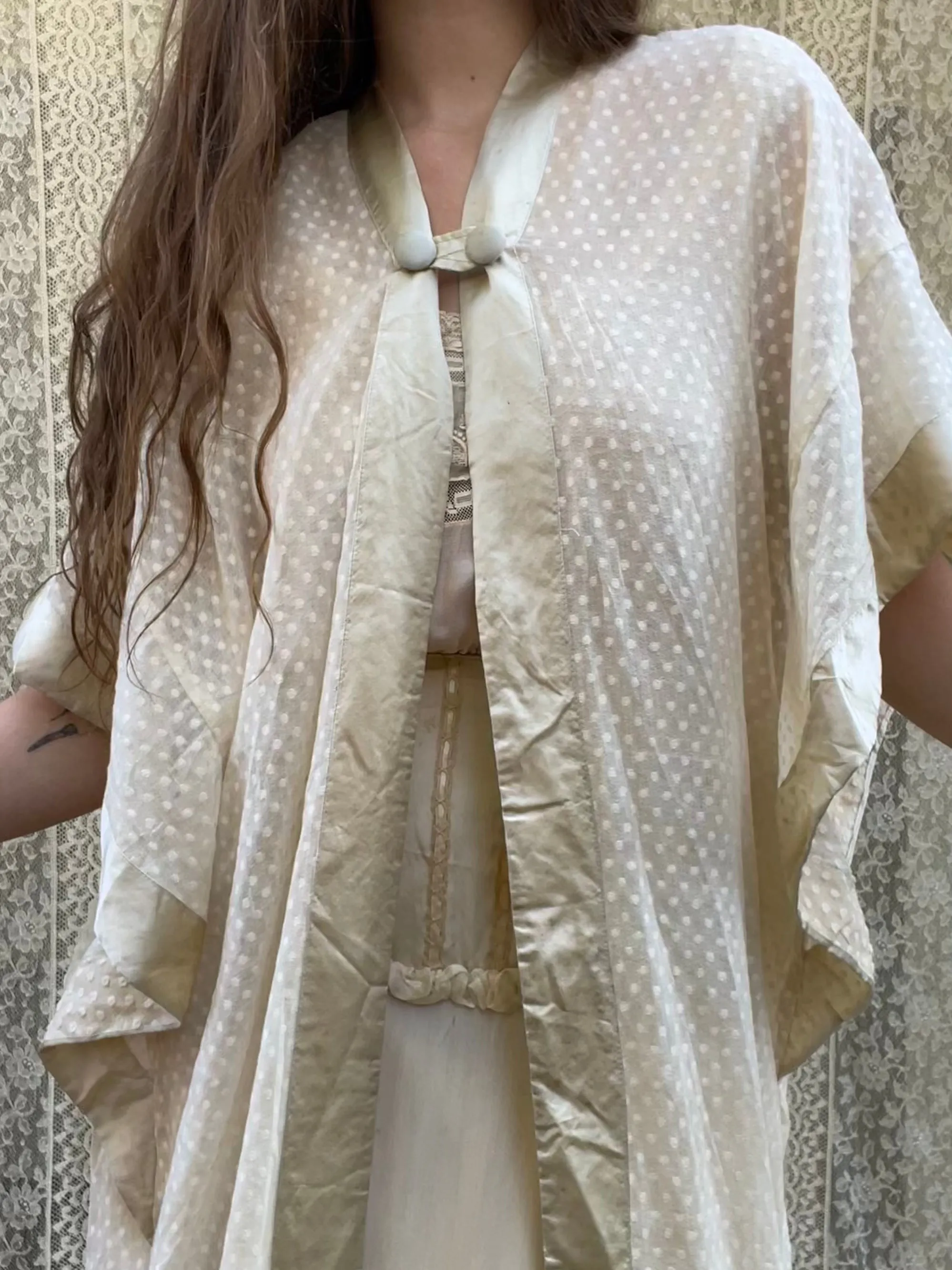 1910s Swiss Dot Cotton & Silk Trim Edwardian Dressing Gown Robe