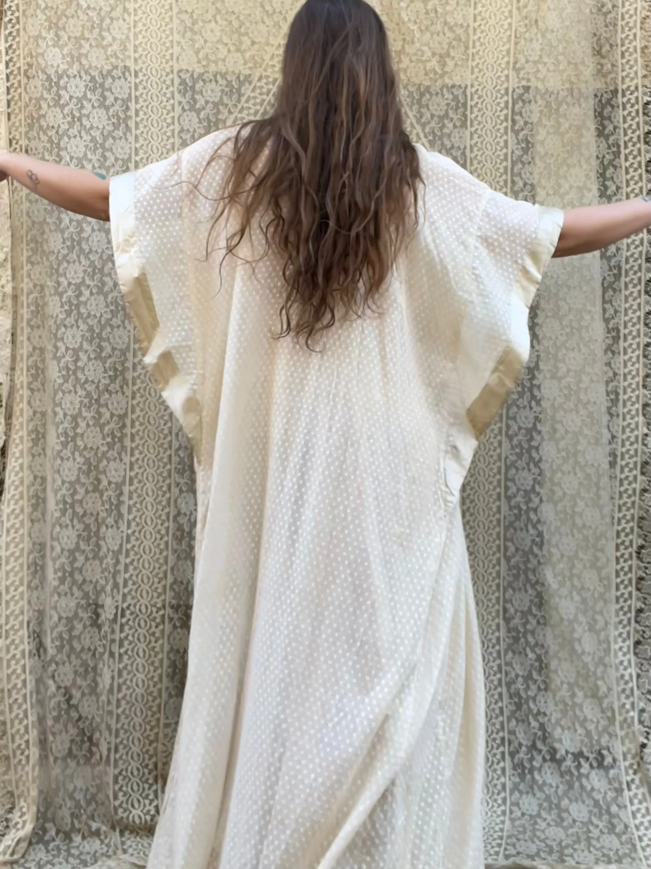 1910s Swiss Dot Cotton & Silk Trim Edwardian Dressing Gown Robe
