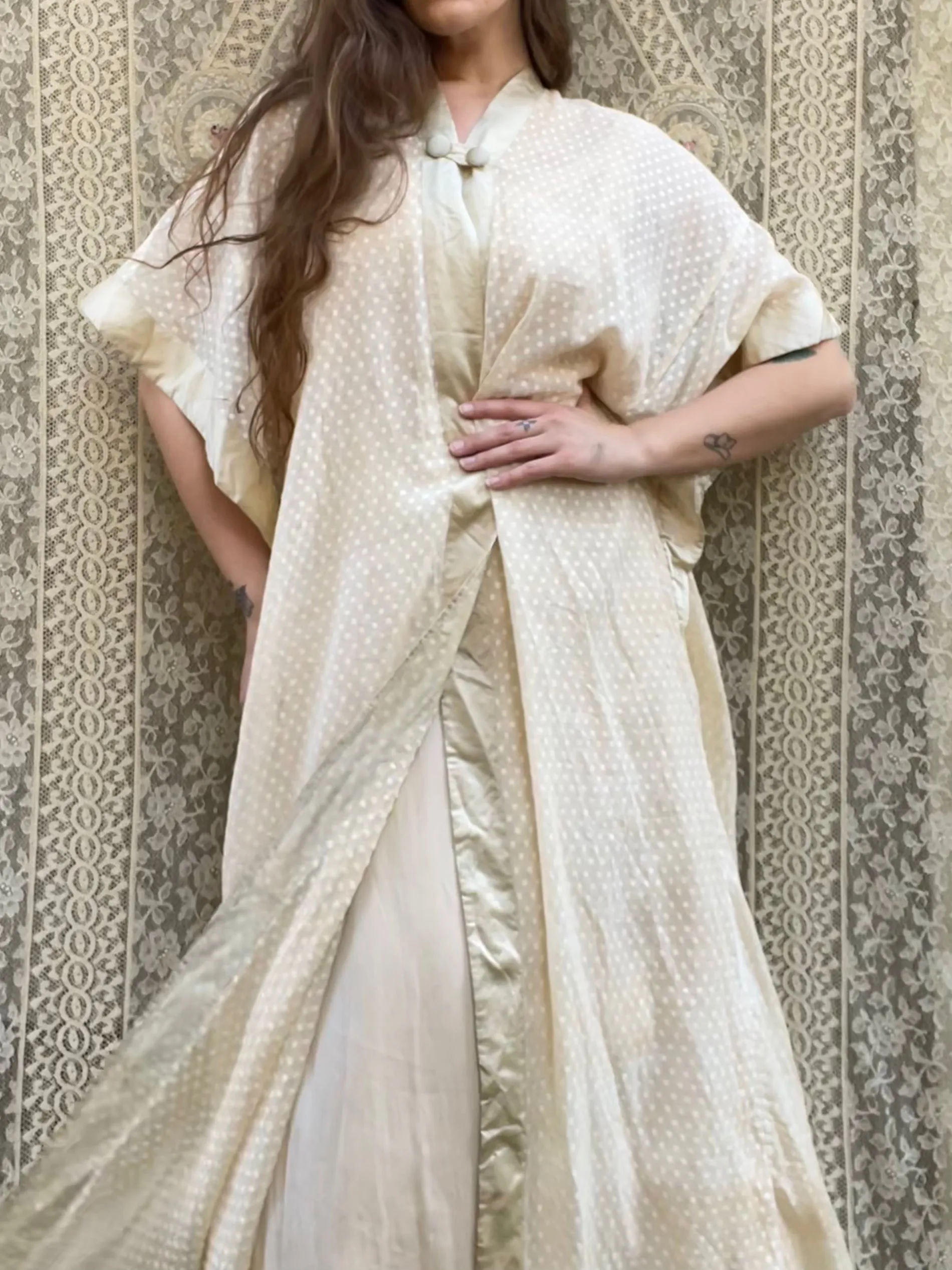1910s Swiss Dot Cotton & Silk Trim Edwardian Dressing Gown Robe