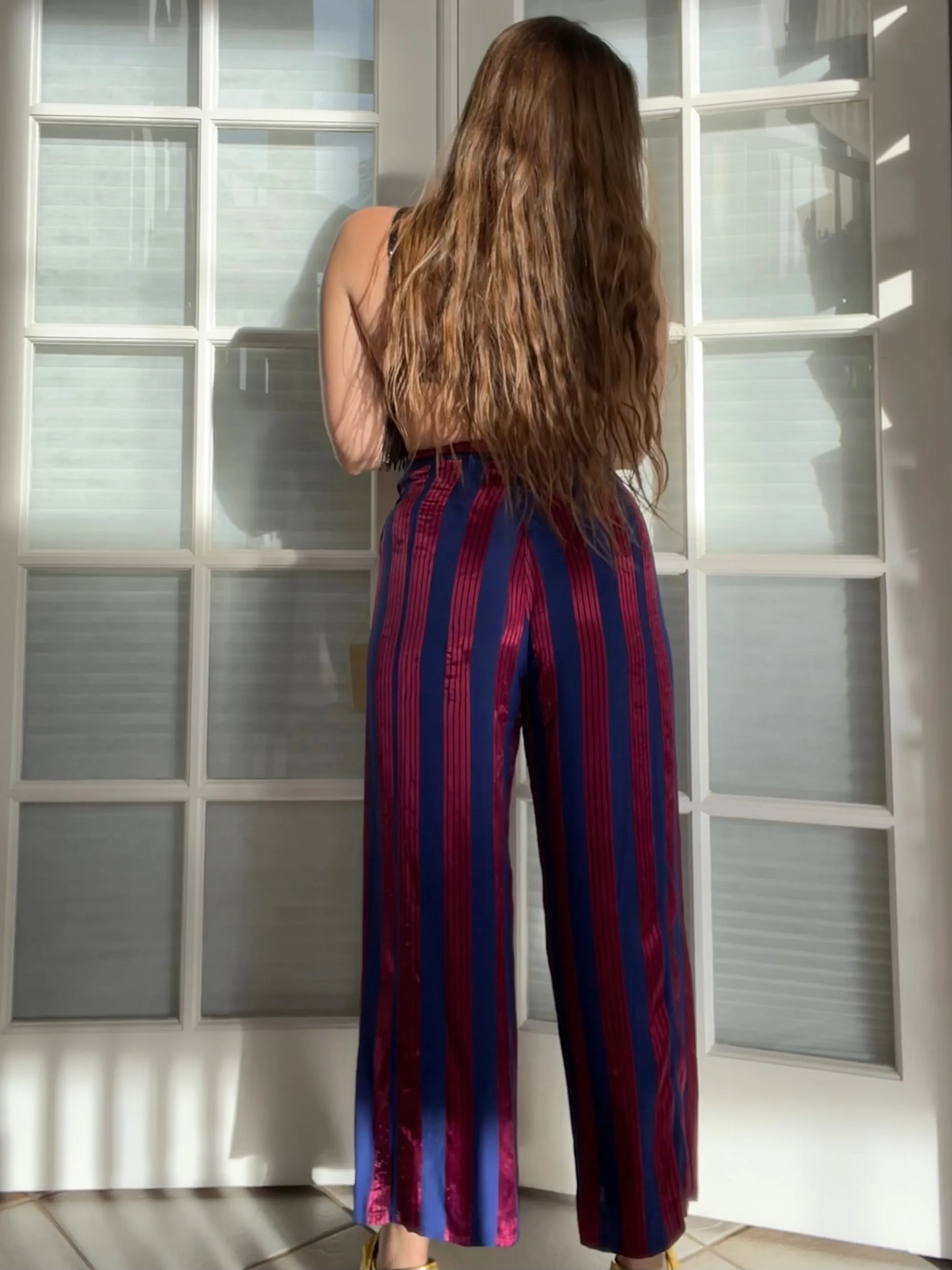 1940s Lux Stiped Silky Rayon Side Button Pants
