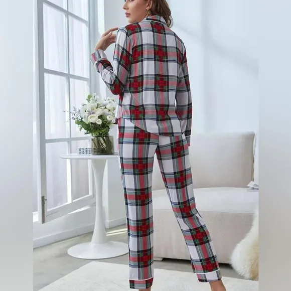 2 Piece Plaid Button Front Top and Pants Lounge Set