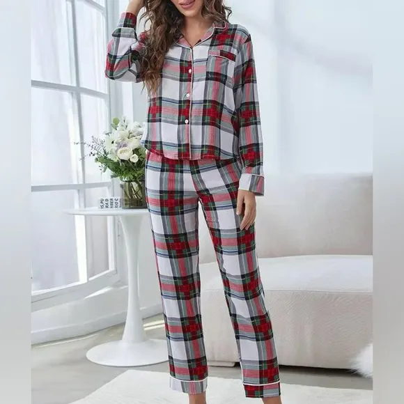 2 Piece Plaid Button Front Top and Pants Lounge Set