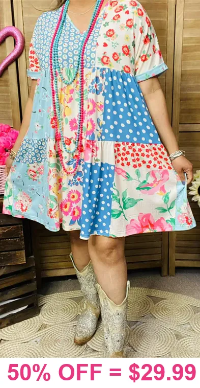 3X Light Blue Floral Patchwork Dress