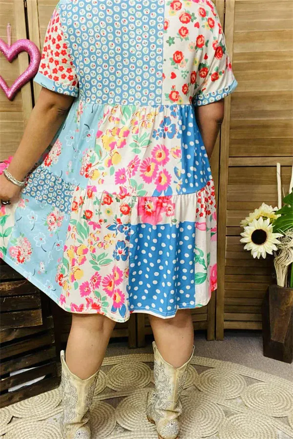 3X Light Blue Floral Patchwork Dress
