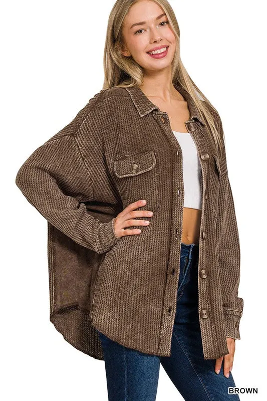 ACID WASH OVERSIZED COTTON WAFFLE SHACKET