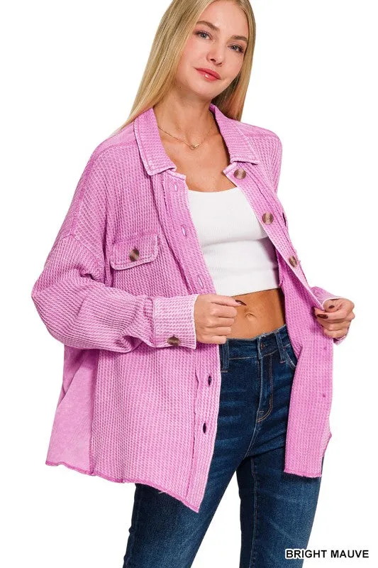 ACID WASH OVERSIZED COTTON WAFFLE SHACKET