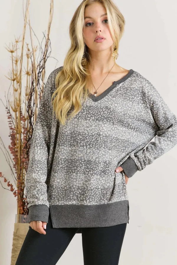 Animal Print Loose Fit V Neck Top