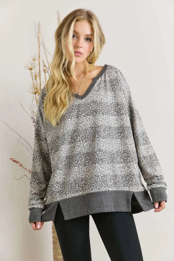 Animal Print Loose Fit V Neck Top
