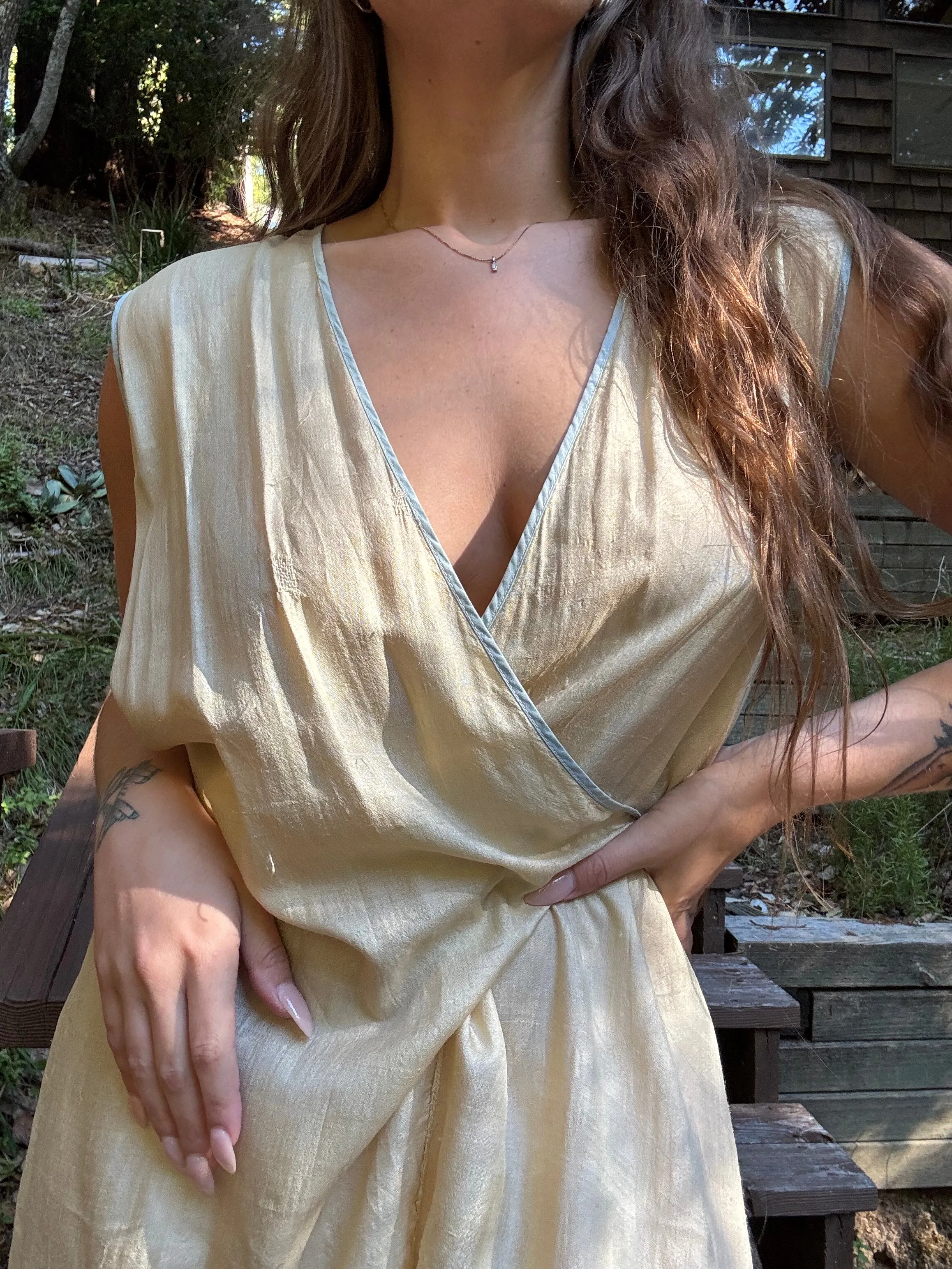 Antique 1920s Ecru Pongee Silk Tie Waist Beach Pajamas Jumpsuit