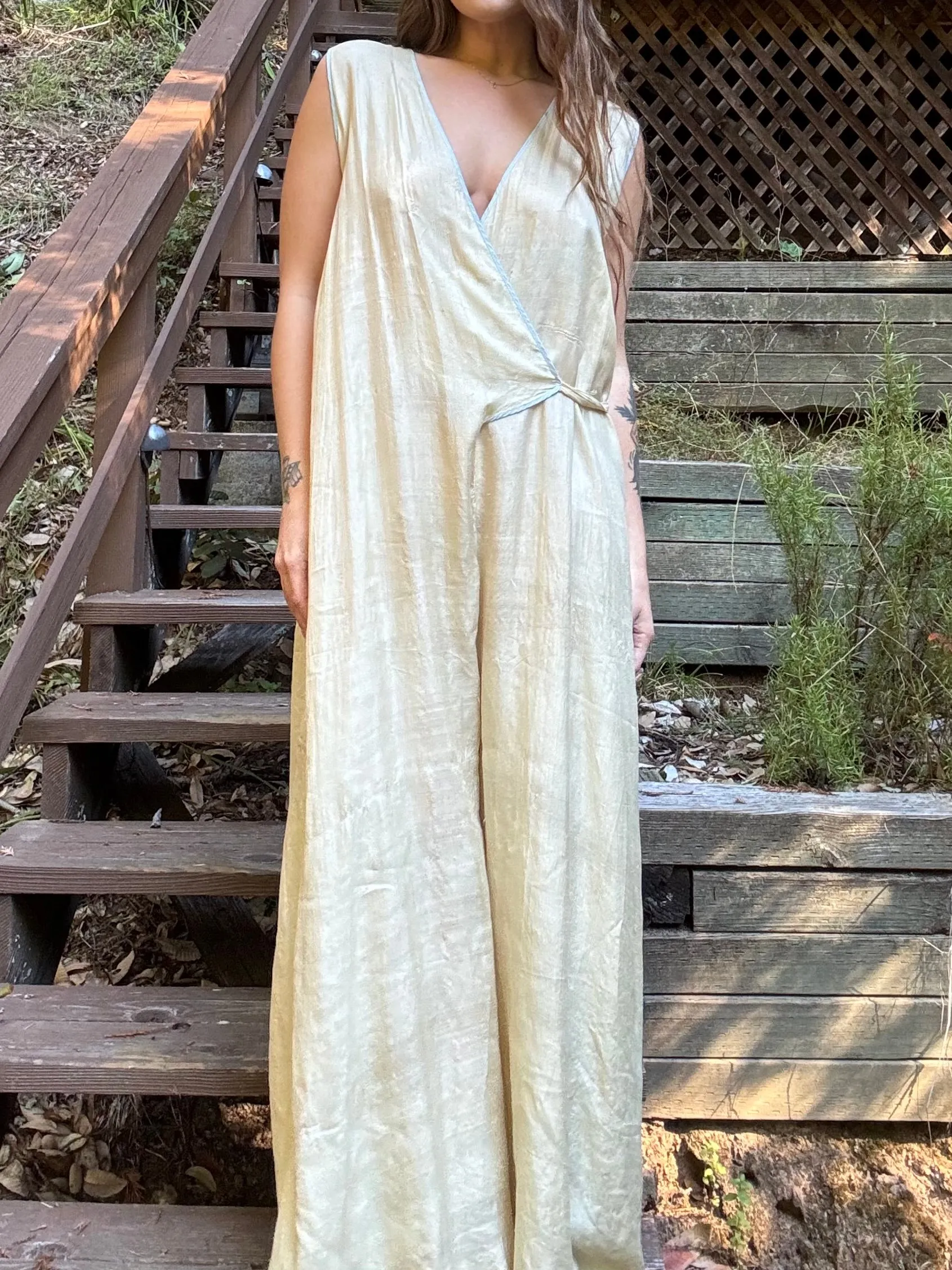 Antique 1920s Ecru Pongee Silk Tie Waist Beach Pajamas Jumpsuit
