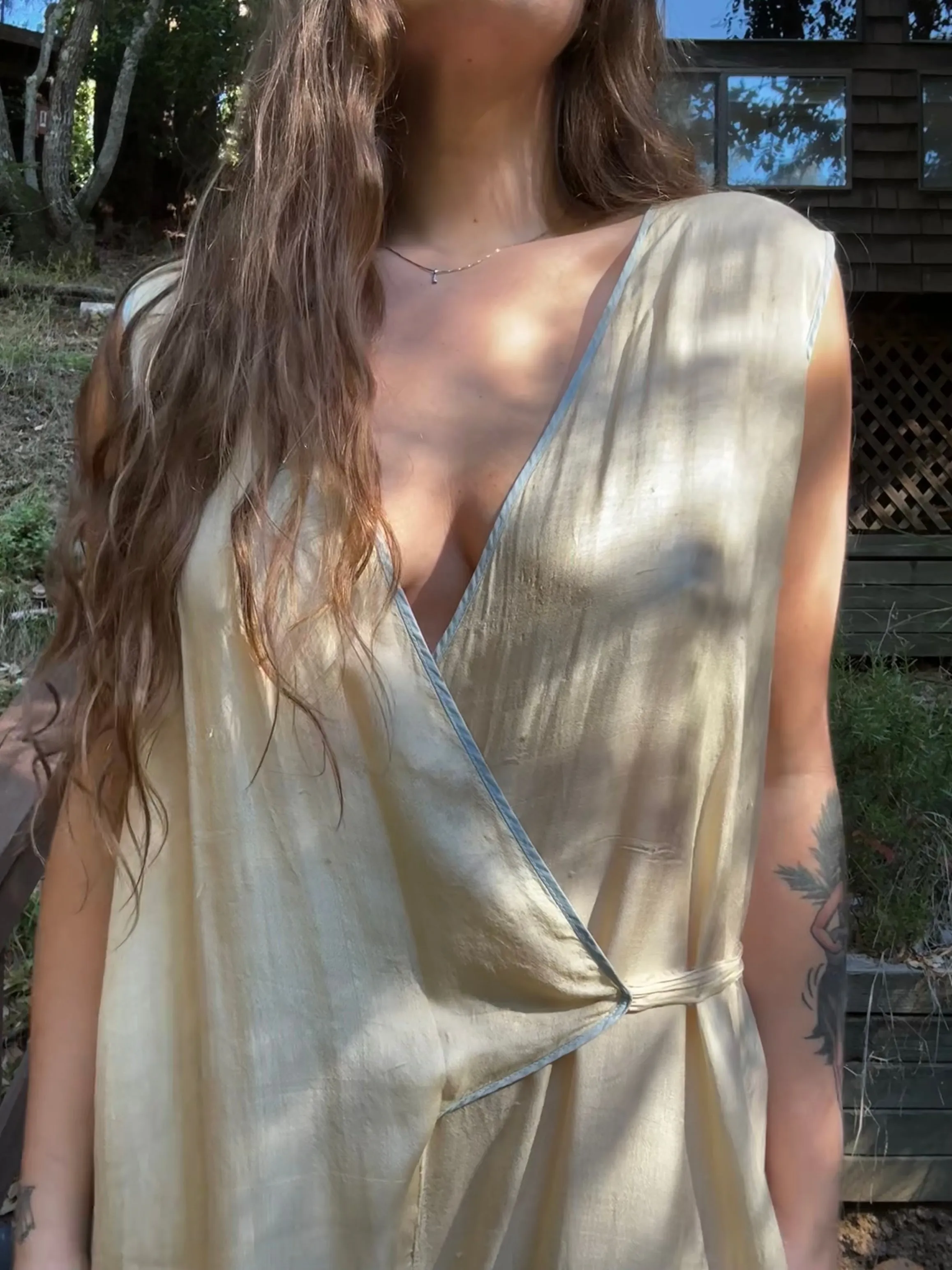 Antique 1920s Ecru Pongee Silk Tie Waist Beach Pajamas Jumpsuit