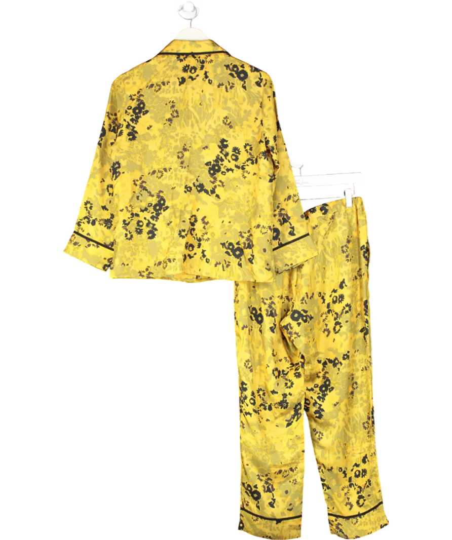 Asceno Yellow Sydney Floral Print Silk Pyjama Top And Trouser Set UK S