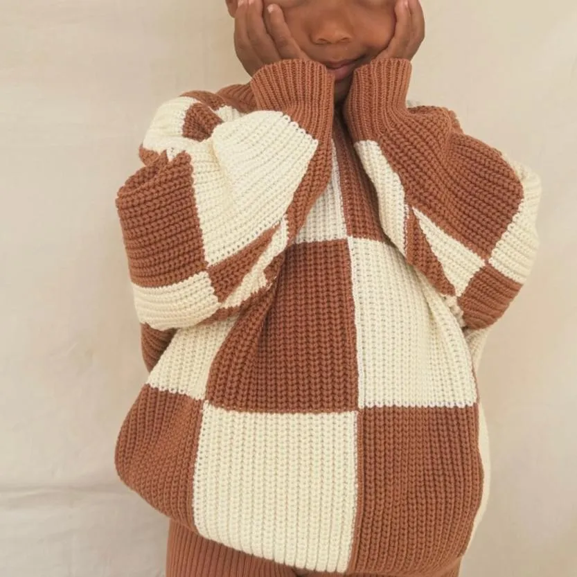 Aspen Checkerboard Chunky Knit Oversized Jumper (Cinnamon)