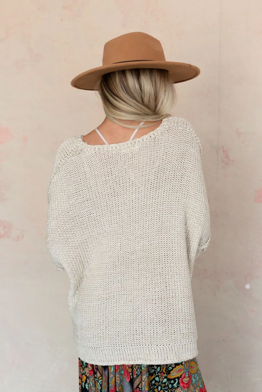 Beige Textured Knit Long Sleeve Oversized Sweater