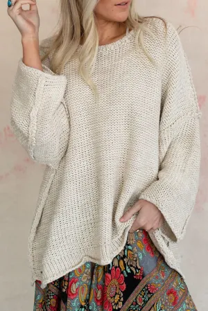 Beige Textured Knit Long Sleeve Oversized Sweater