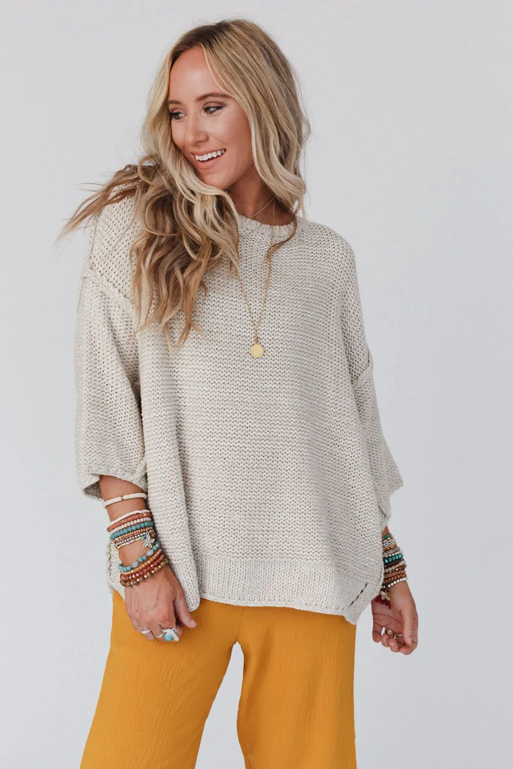 Beige Textured Knit Long Sleeve Oversized Sweater
