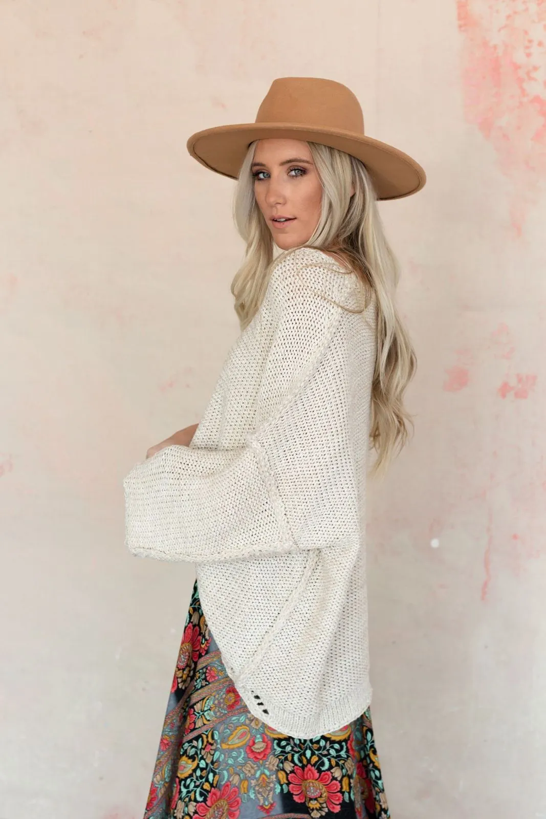 Beige Textured Knit Long Sleeve Oversized Sweater