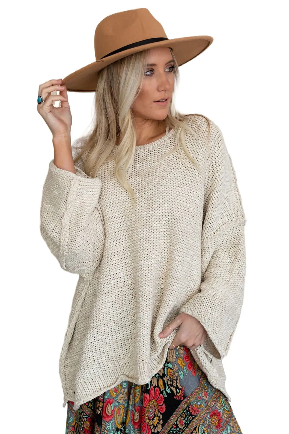 Beige Textured Knit Long Sleeve Oversized Sweater