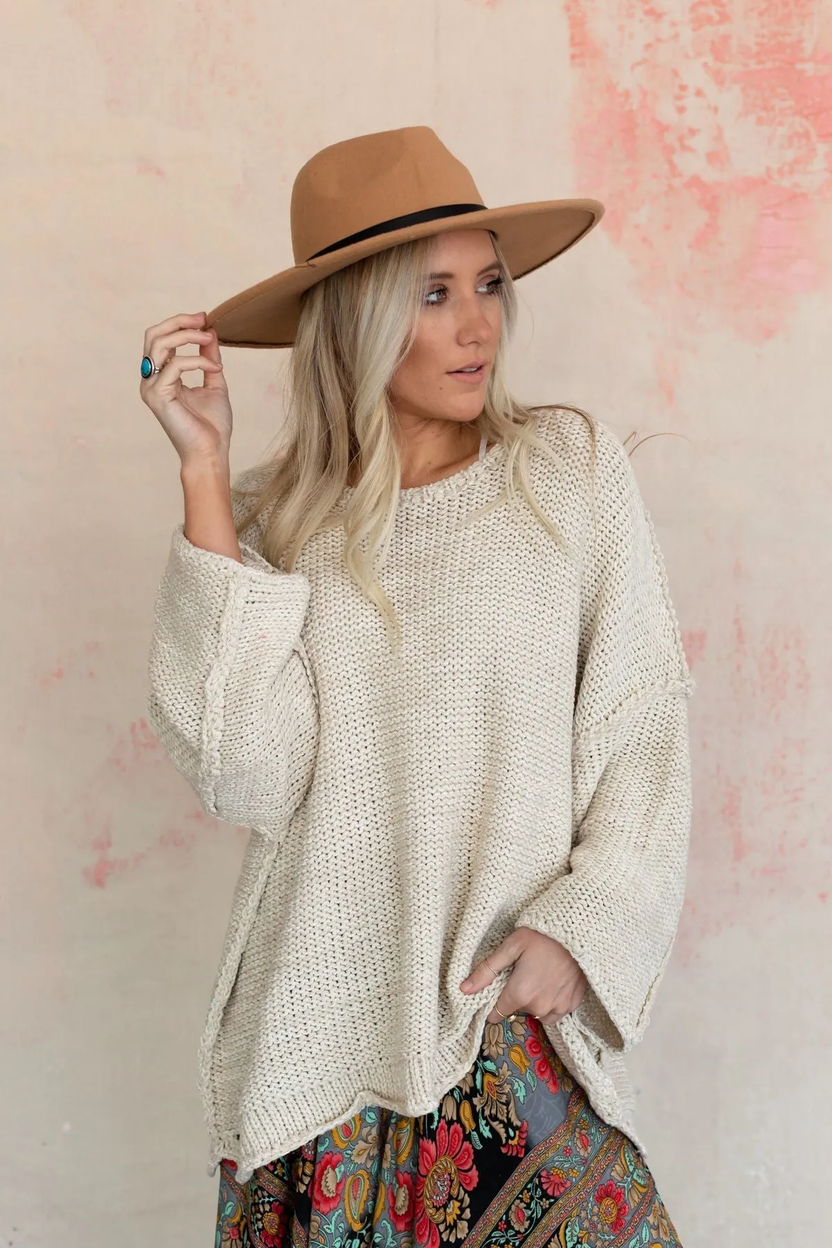 Beige Textured Knit Long Sleeve Oversized Sweater