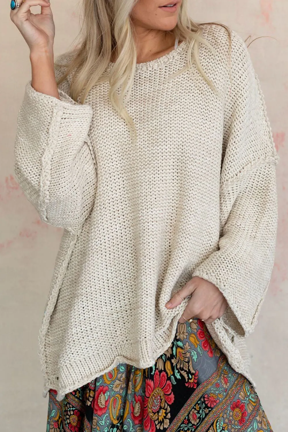 Beige Textured Knit Long Sleeve Oversized Sweater