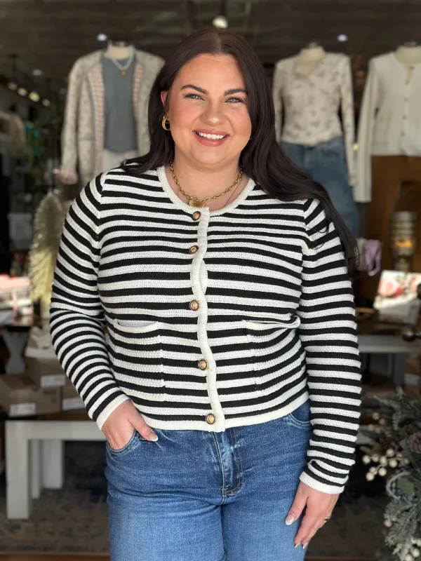 Black & Cream Striped Button Cardigan