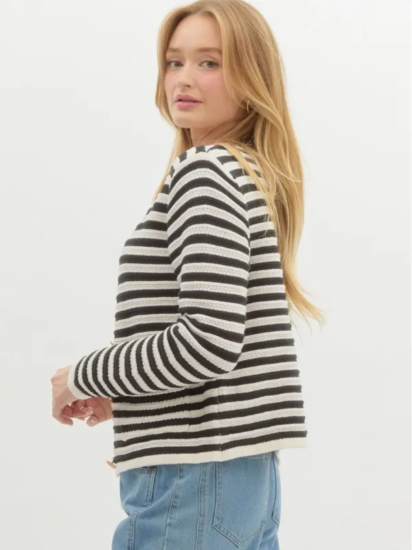 Black & Cream Striped Button Cardigan