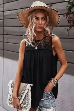 Black Crew Neck Lace Solid Loose Fit Top