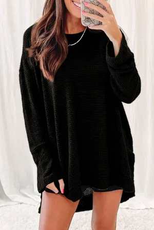Black Green Waffle Knit High Slits Oversized Top