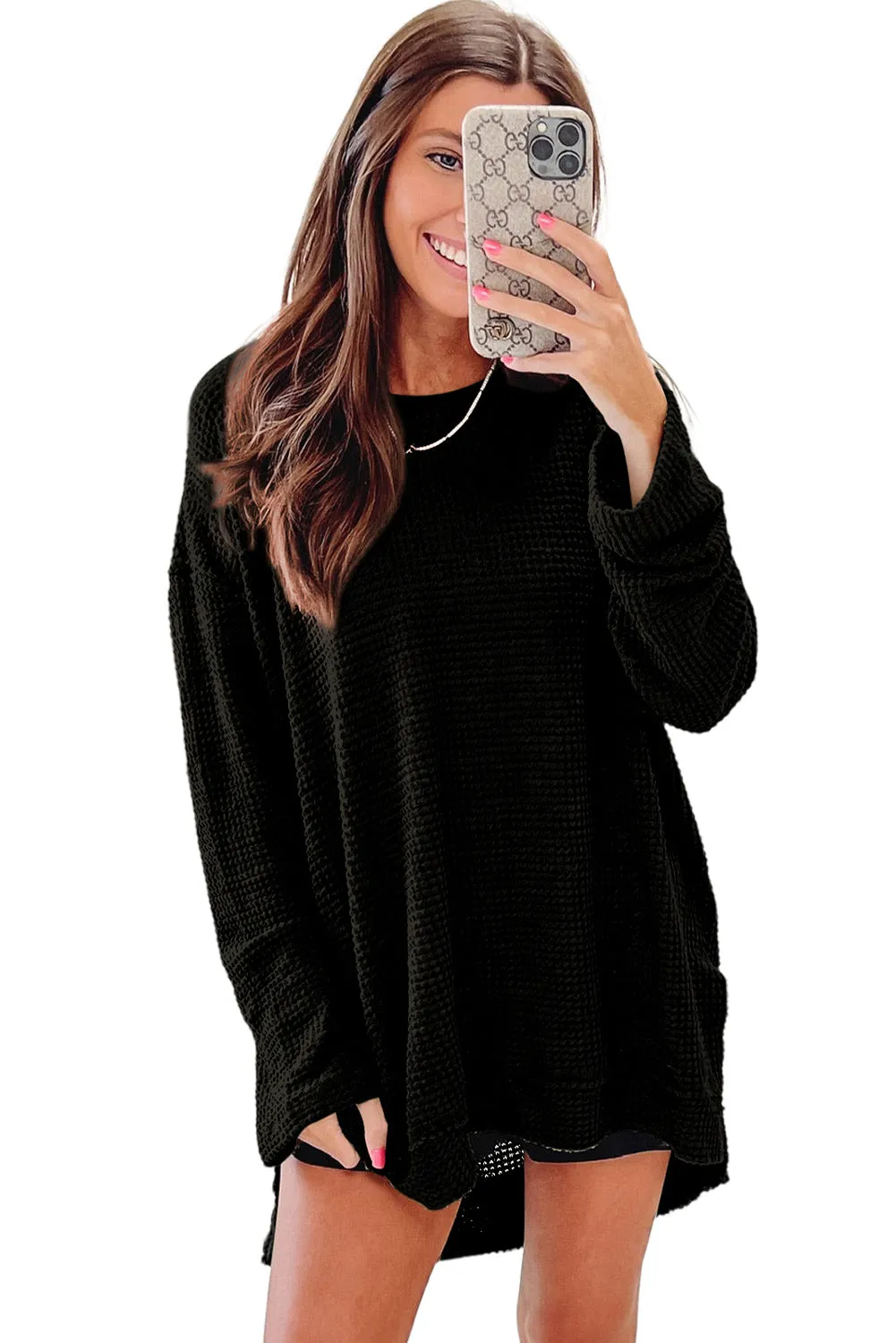 Black Green Waffle Knit High Slits Oversized Top