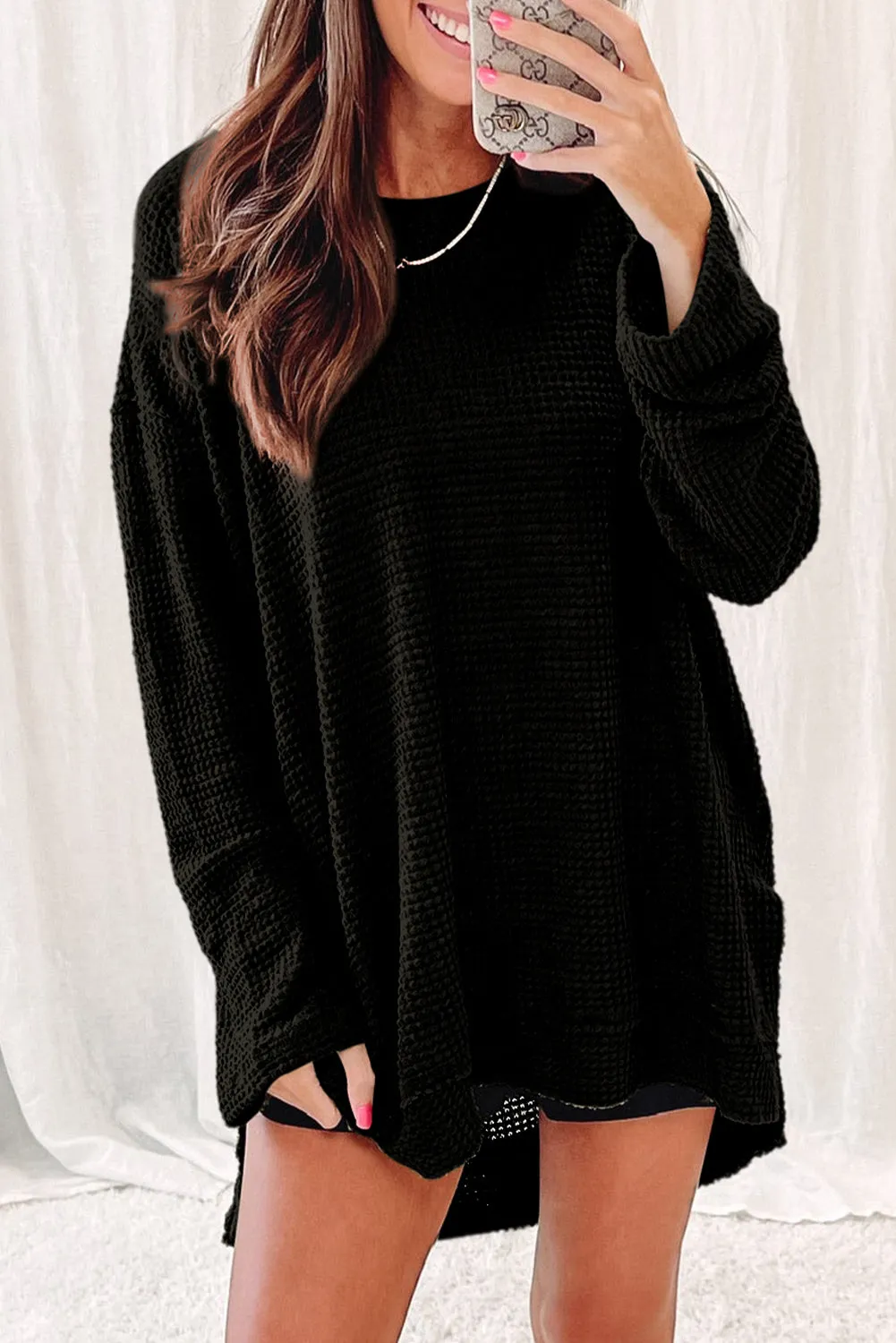Black Green Waffle Knit High Slits Oversized Top