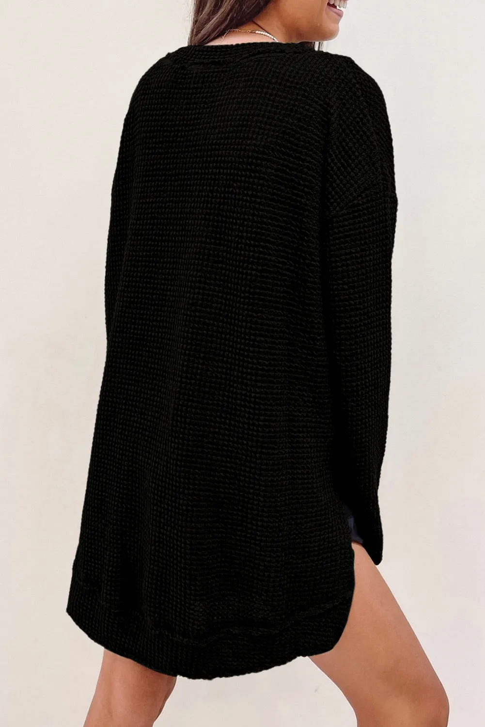 Black Green Waffle Knit High Slits Oversized Top