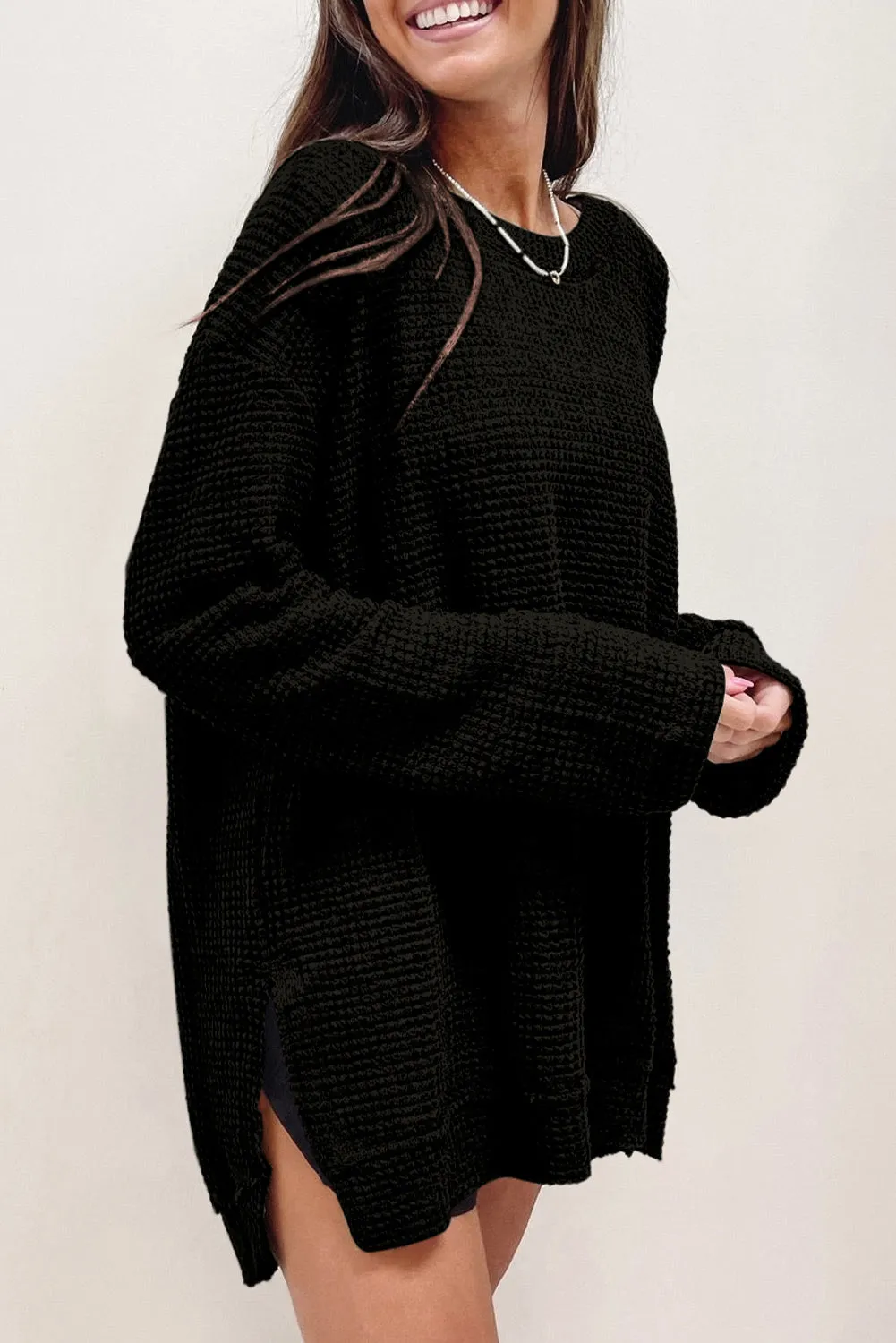Black Green Waffle Knit High Slits Oversized Top