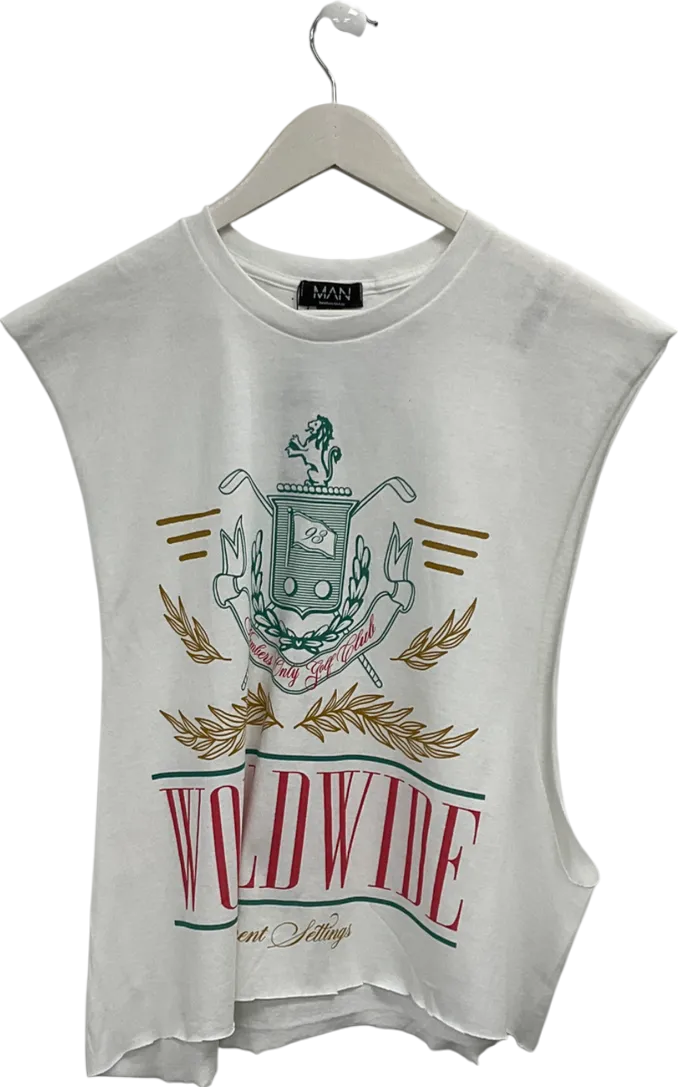 boohooMan White Oversized Worldwide Crest Print Tank UK M