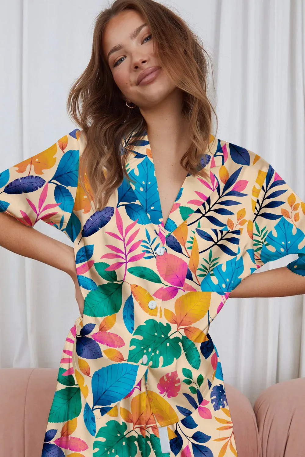 Botanical Carnival – Colorful Tropical Leaf Satin Pajama Set