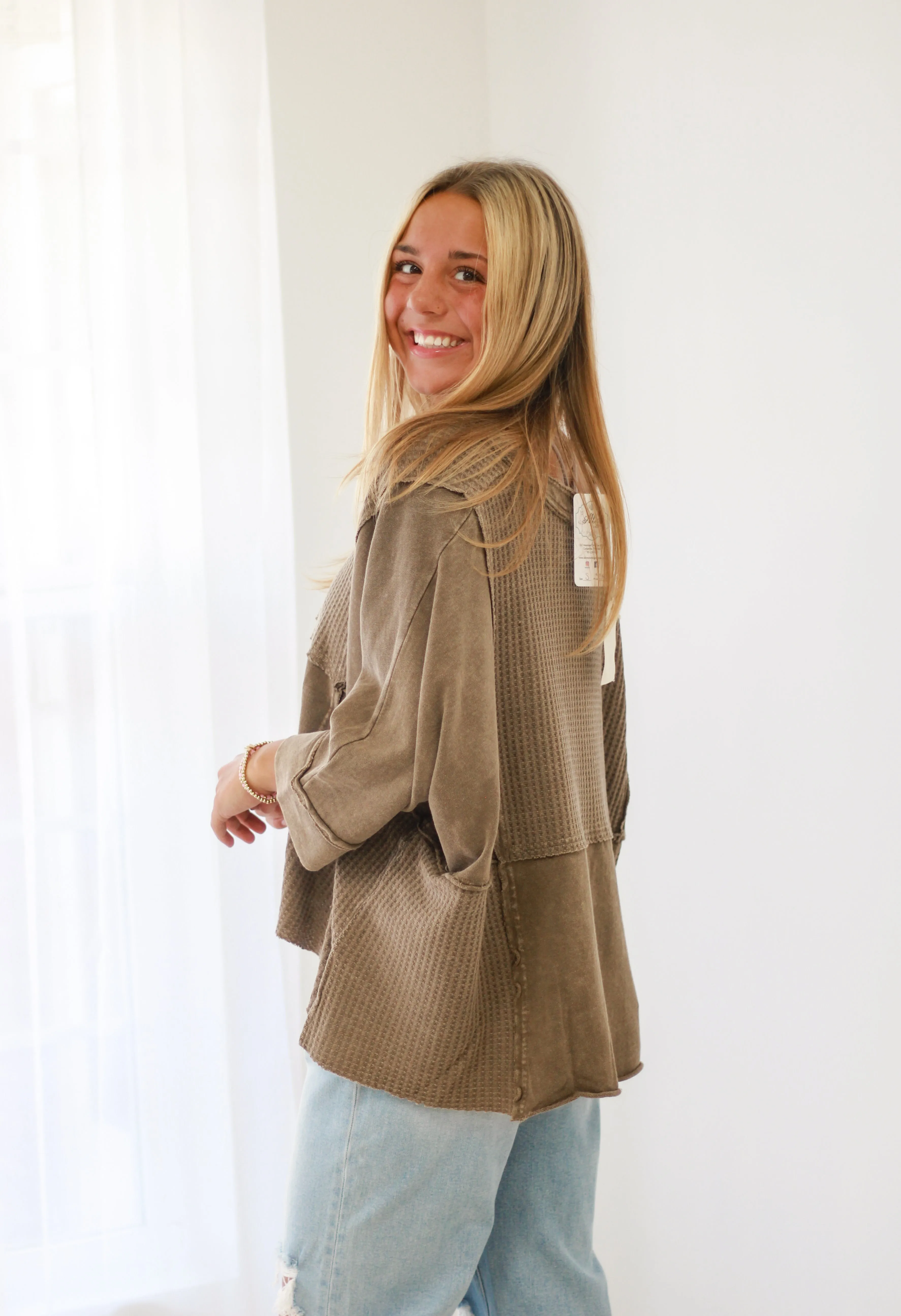 Call You Out Waffle Top in Ash Brown