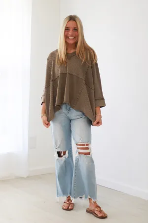 Call You Out Waffle Top in Ash Brown