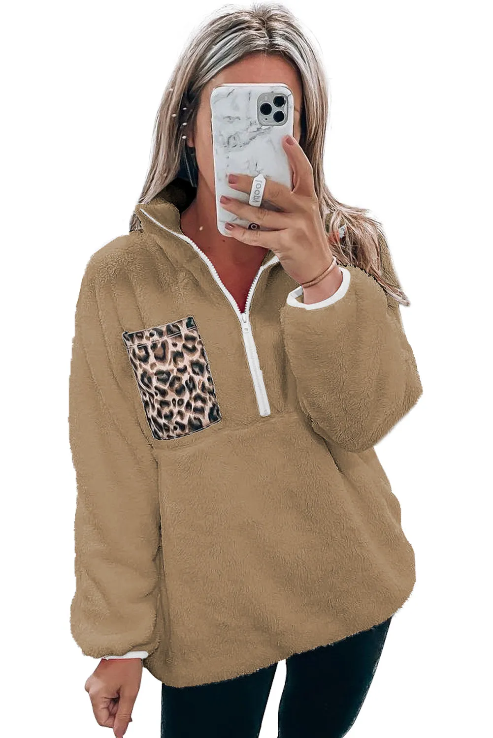 Camel Leopard Patch Pocket Half Zipped Fleece Sweatshirt