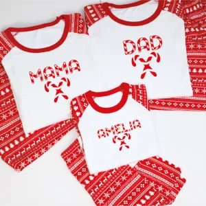 Candy Cane Name Family Christmas Red Reindeer Raglan PJ's