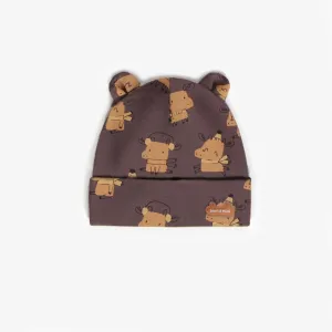 Chapeau brun à motifs en coton biologique, naissance  || Brown patterned hat in organic cotton, newborn