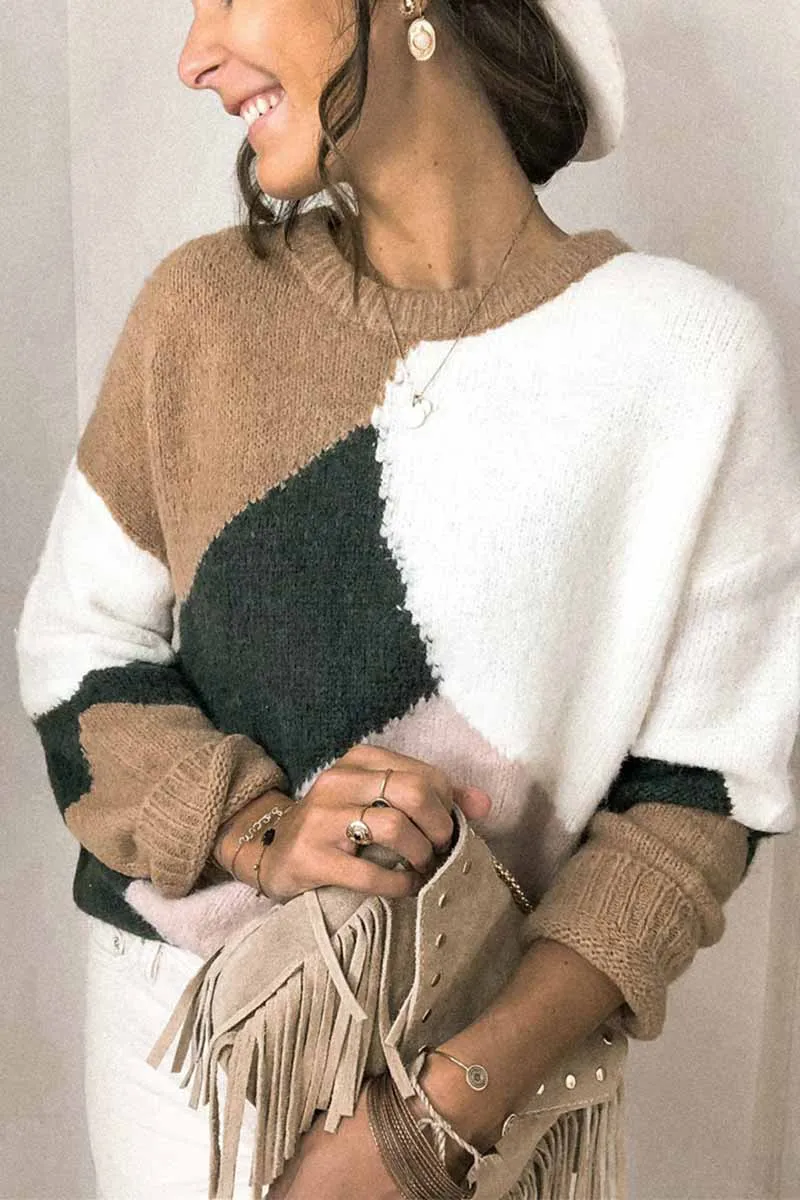 Chicindress Round Neck Loose Contrast Stitching Knitted Sweater