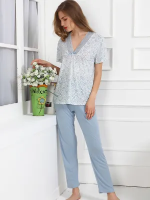 Cotton Pattern Lace-Trim Pajama Lounge Set