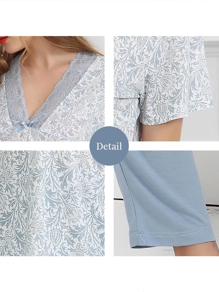 Cotton Pattern Lace-Trim Pajama Lounge Set