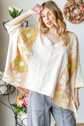 Cream Washed Daisy Patch Oversized Top