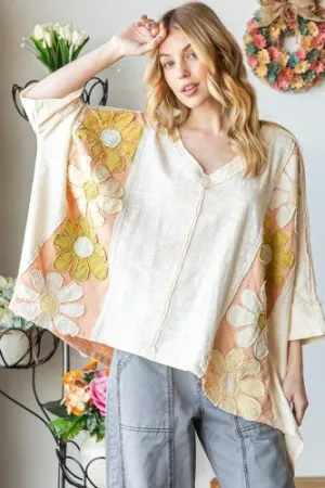 Cream Washed Daisy Patch Oversized Top