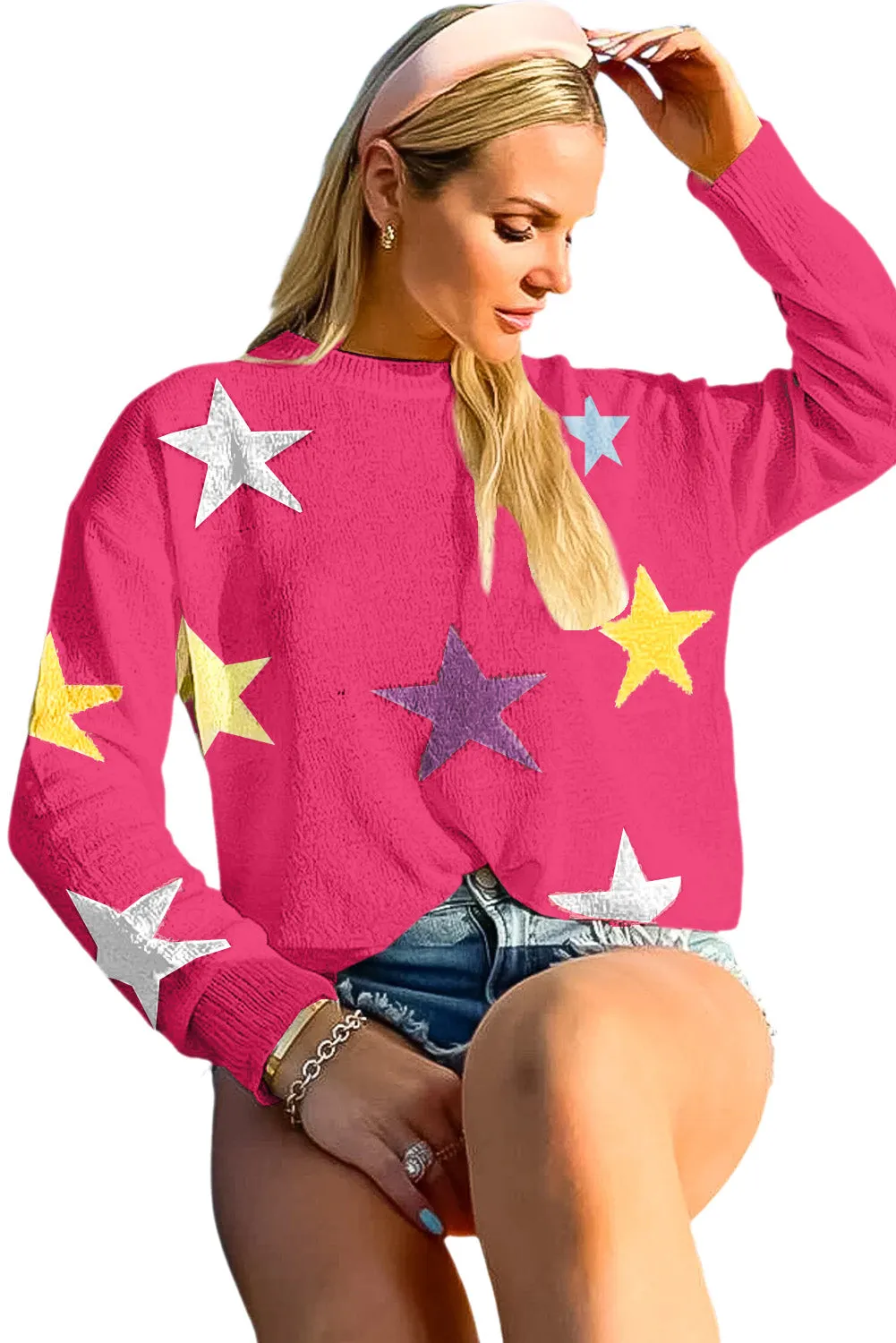 Dark Pink Colorful Star Pattern Loose Sweater