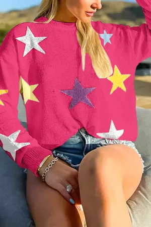 Dark Pink Colorful Star Pattern Loose Sweater