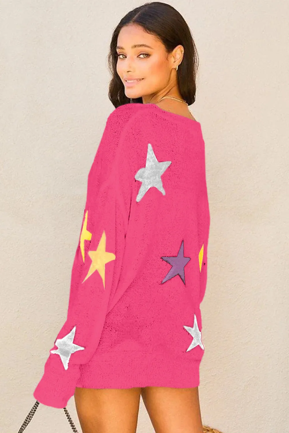 Dark Pink Colorful Star Pattern Loose Sweater