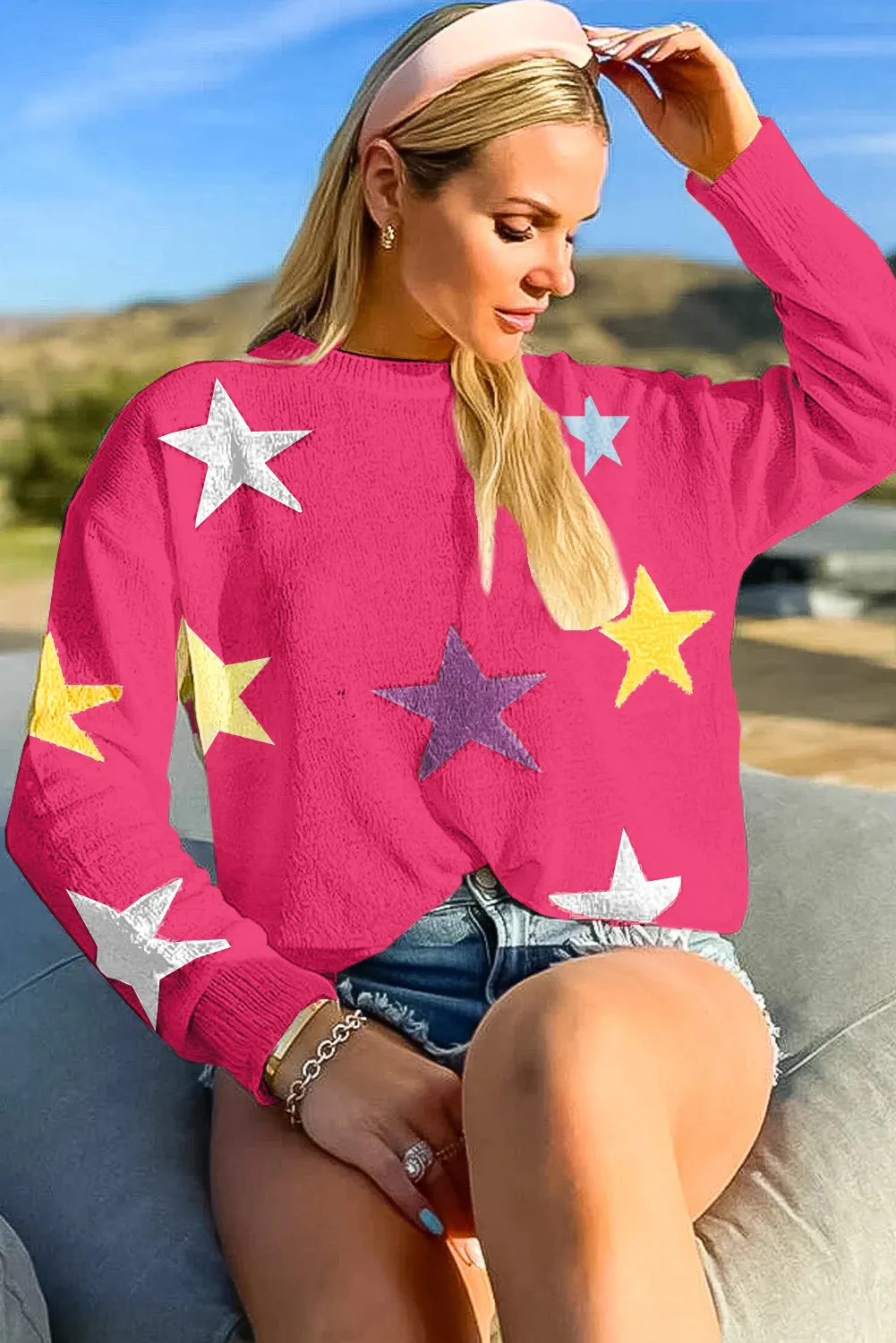 Dark Pink Colorful Star Pattern Loose Sweater